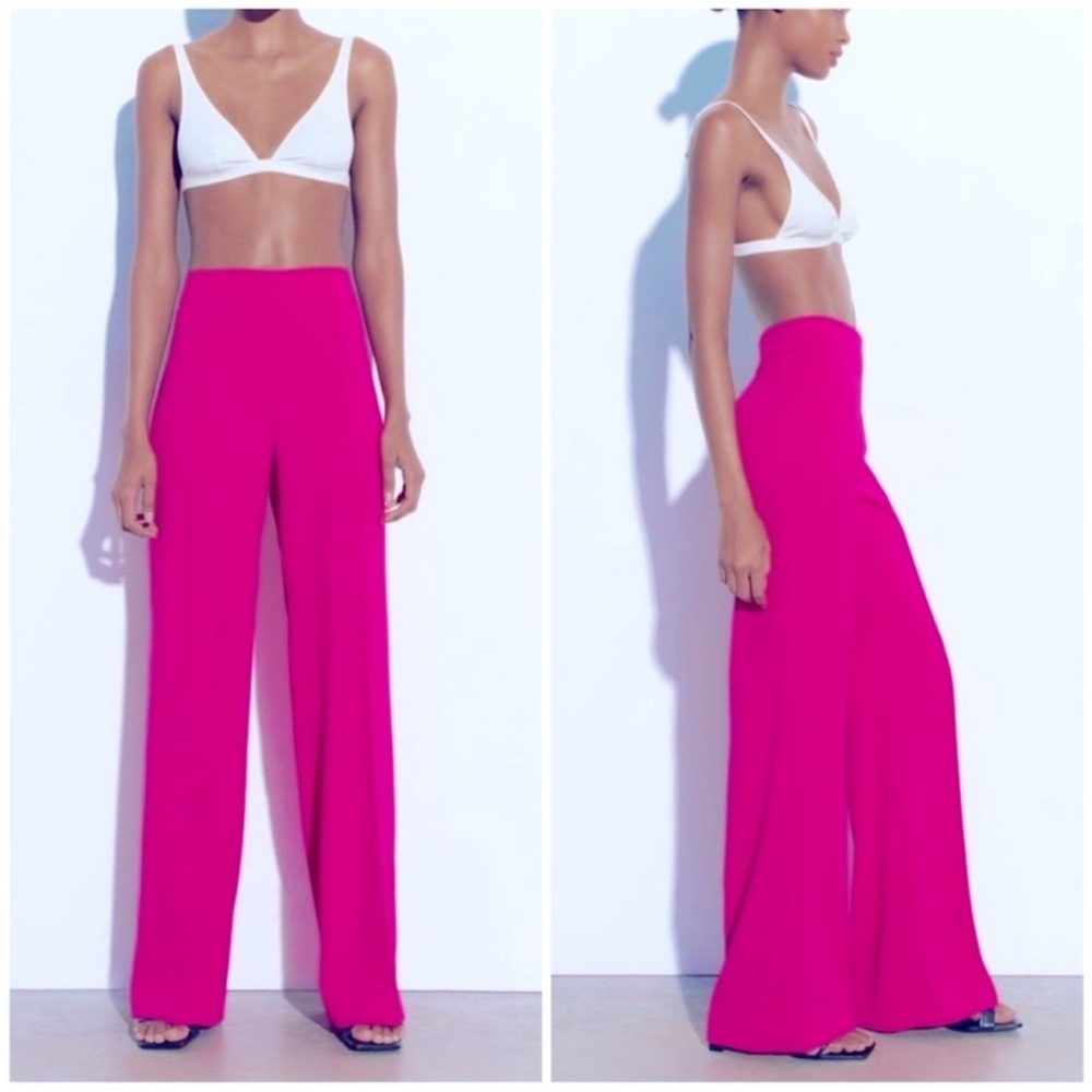 NWT Zara High Waisted Trouser Neon Fuchsia Pants Straight Leg Size Large
